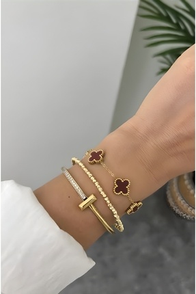 * Çelik Vintage Alhambra Model Mini Bordo Mineli Altın Zincir 5 Motif Bileklik Image 0