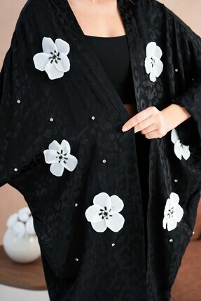 Kadın Önü Çiçek Ve Taş Detaylı Jakar Kimono Ve Pantolon Alt Üst Takım Image 4
