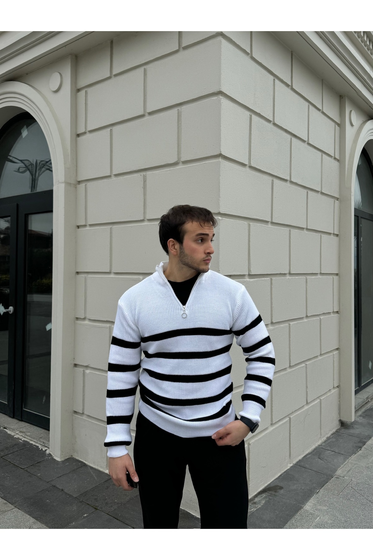 ژاکت بافتنی یقه نیمه زیپ دار مردانه