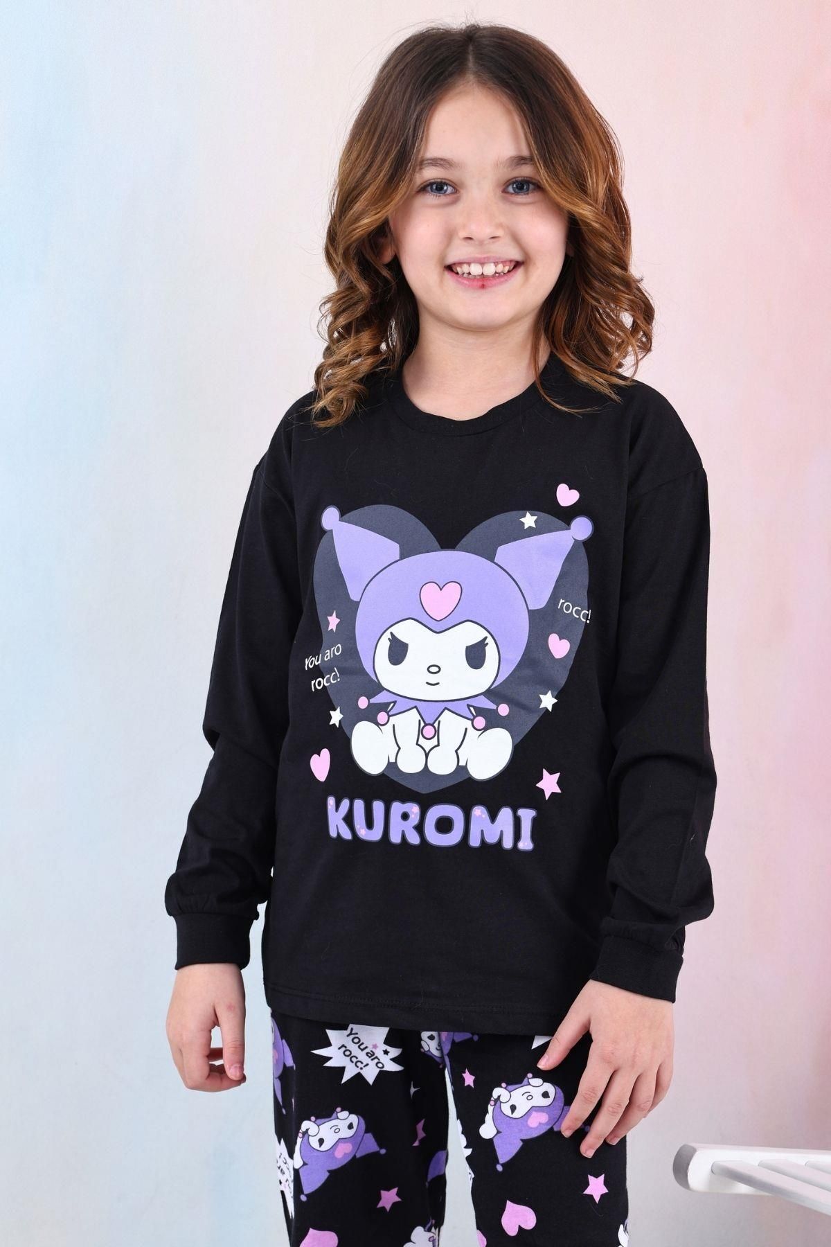 %100 Pamuk Kuromi Büyük Baskılı Kız Çocuk Pijama Takımı - Siyah