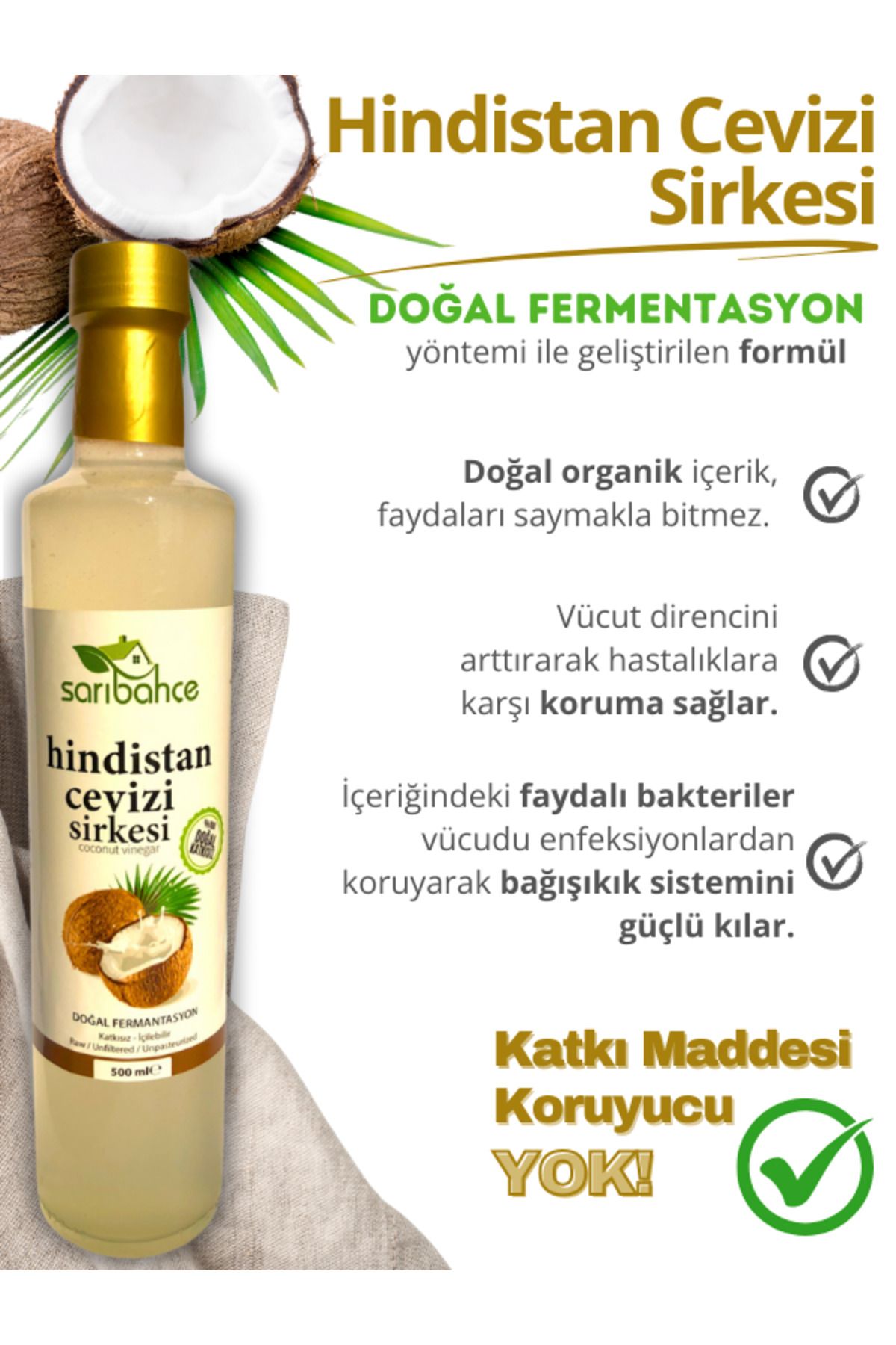 Hindistan Cevizi Sirkesi 500 ml - Organik Doğal Fermente