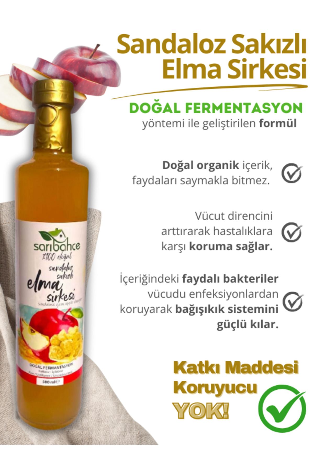 Sandaloz Sakızlı Elma Sirkesi 500 ml - Organik Doğal Fermente