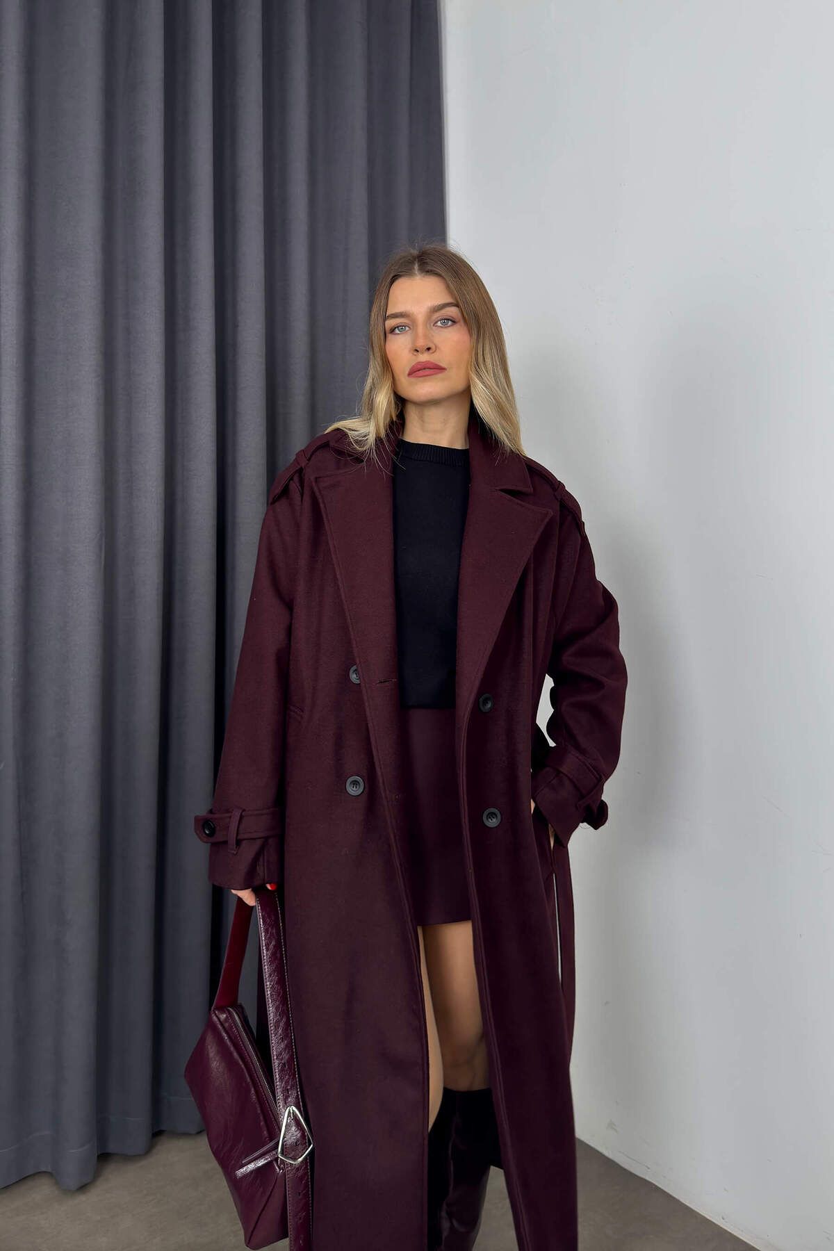 Sue Store Bordo Önü DüğmeliAstarlı Oversize K...