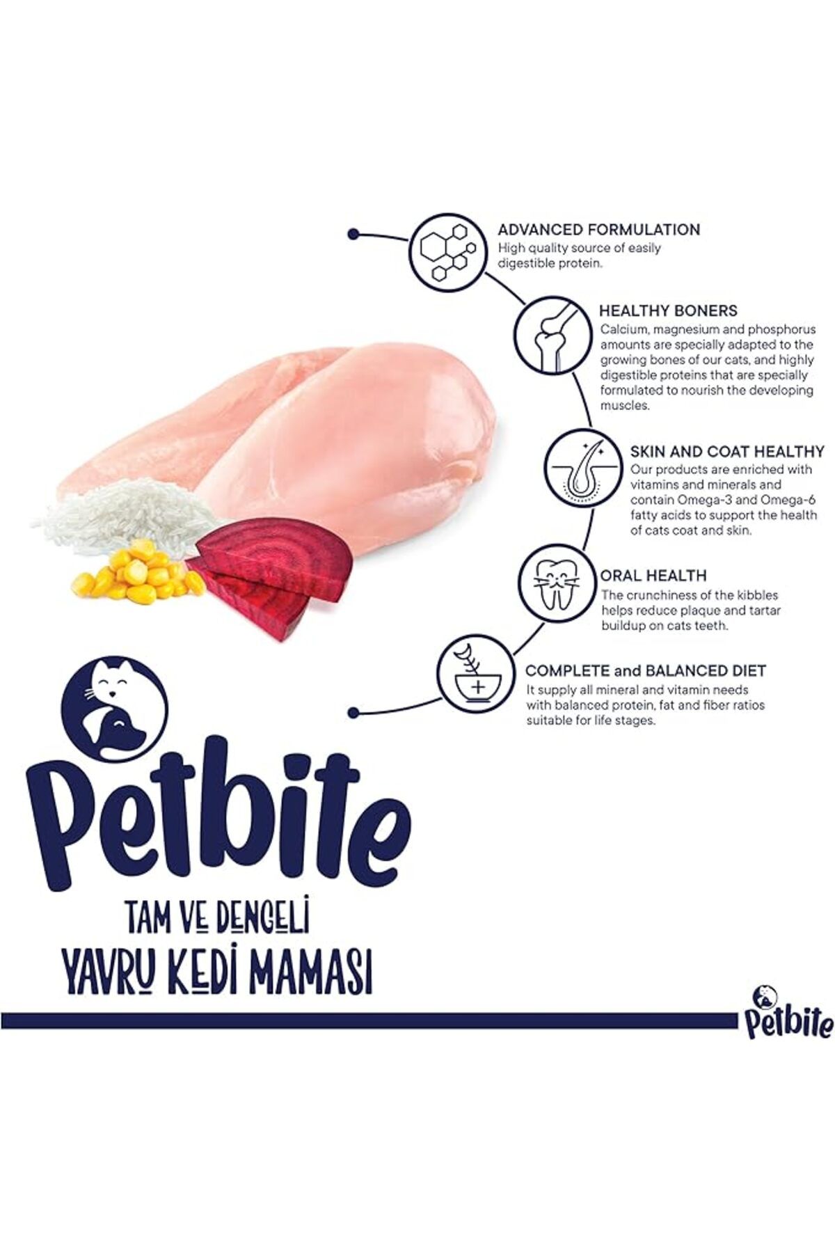 Petbite Yavru Kediler İçin Tavuk Etli Kuru Kedi Maması (1 Kg, Tavuk)