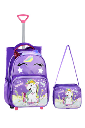 Çekçekli Mor Unicorn Baskılı, Ortopedik Sırt Özellikli, İlkokul Çantası + Beslenme Çantası Image 0