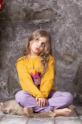 Kız Çocuk Sarı Renk Minnie Mouse Desenli Uzun Kol Pijama Takımı