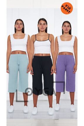 3'lü Bebe Mavi - Siyah - Mor Kadın Fitilli Raporlu Pantolon & Eşofman, Gündelik Ev Giyim Pijama Image 0