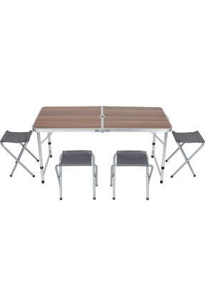 Çanta Tipi 4 Tabureli Katlanır Kamp Masa Seti - Ahşap Desen Image 0