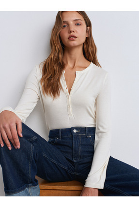 31544 Düğmeli Uzun Kollu Top-Ekru Image 0