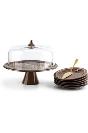 Nour Koleksiyonu 9 Parça Kahverengi Pasta Set,  Zarif Porselen Servis Tabağı, Tatlılar İçin Mükemmel Image 0