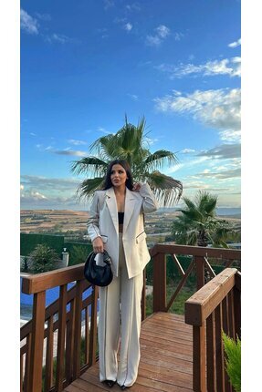 Kadın Çizgi Biyeli Blazer Ceket Pantolon Takım Elbise Image 0