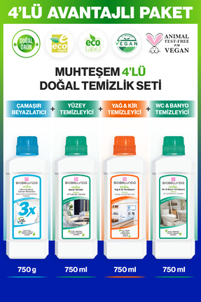 Yağ Kir Tem. 750 ml & Çamaşır Beyazlatıcı 3x 750 ml & Wc Banyo Tem. 750 ml & Genel Tem.(4'LÜ SET) Image 0
