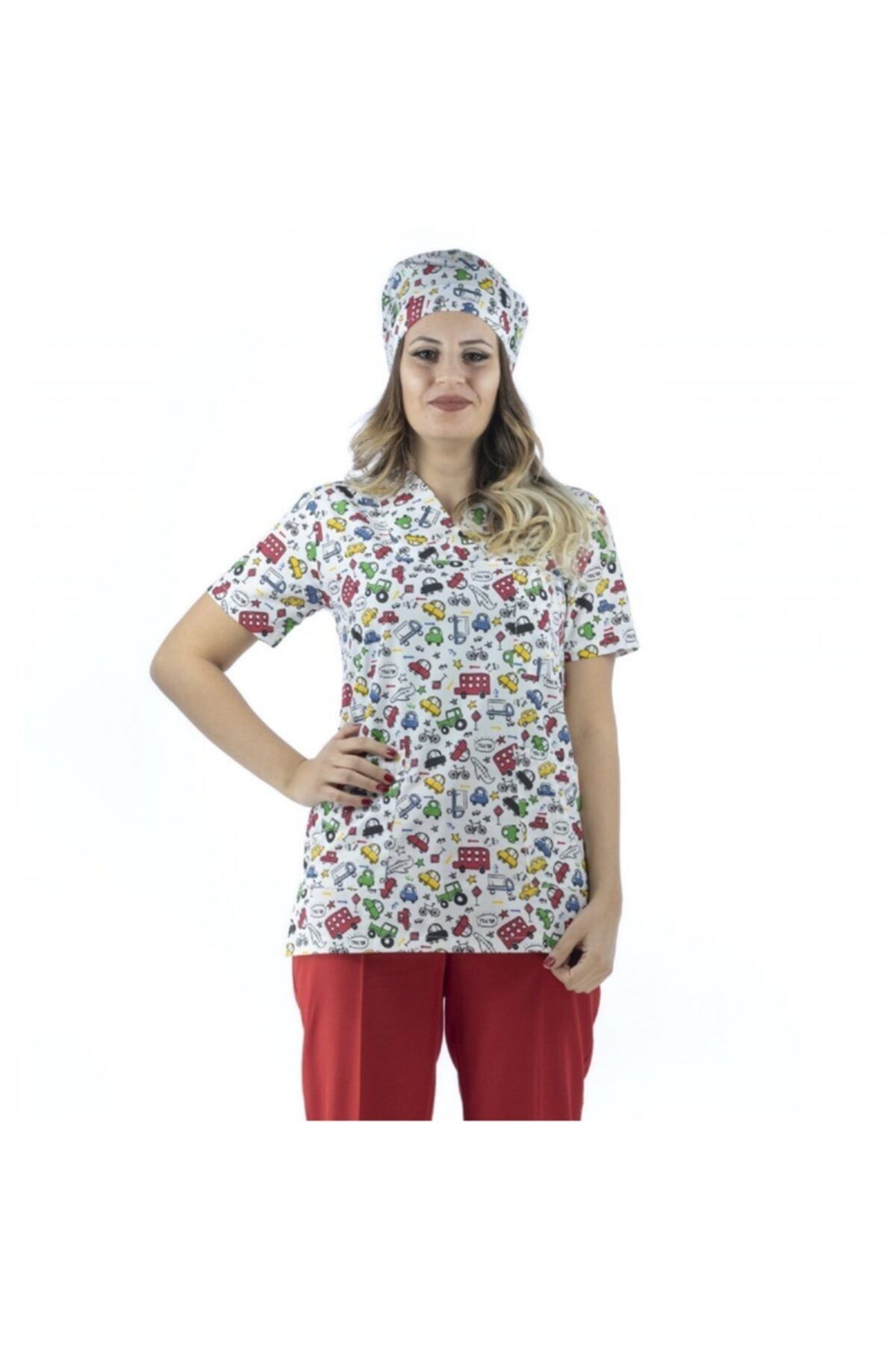 Bilenn Tekstil Araba Desenli Kadın Tek Üst Scrubs Forma