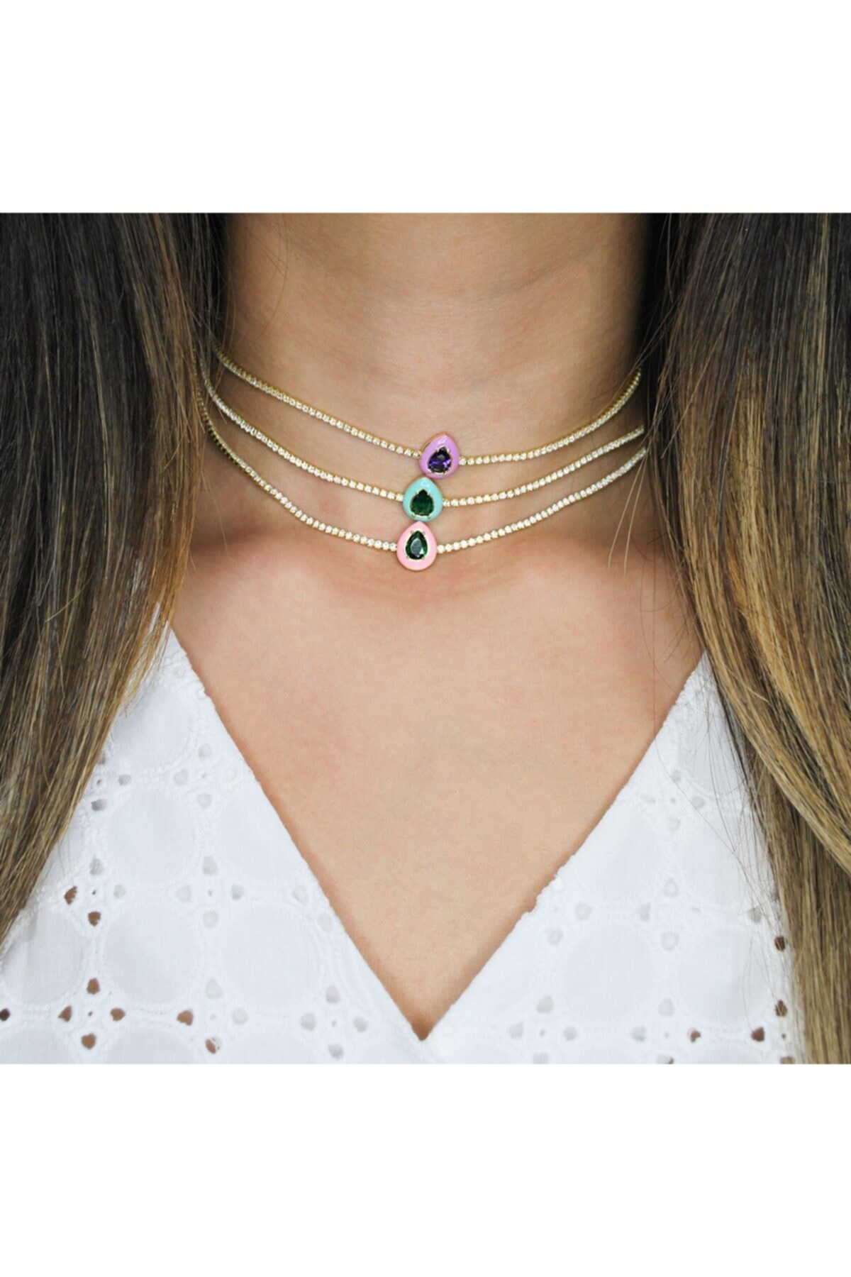 Medcezir Silver Damla Taşlı Gümüş Choker