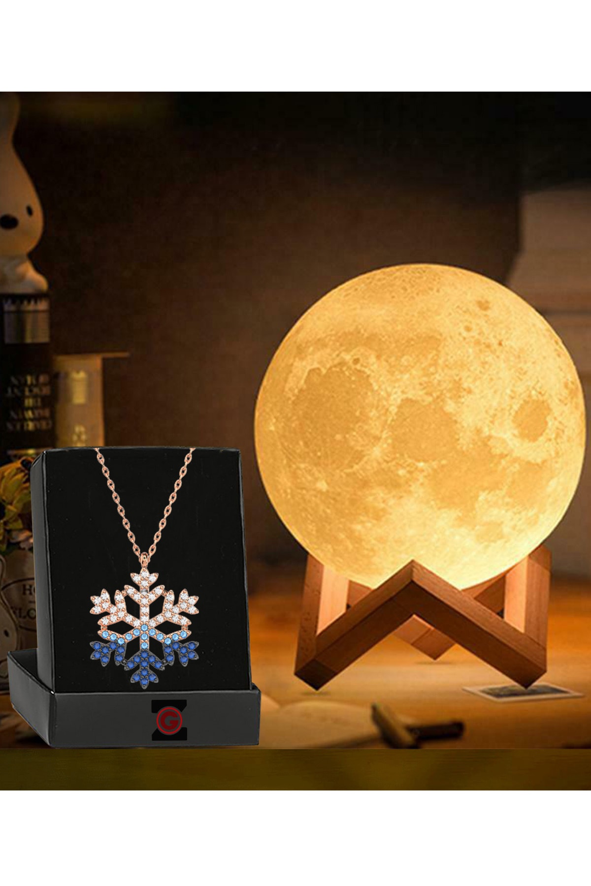 REWEL 3d Standlı Ay Gece Lambası Dekoratif Küre Led Gümüş Zirkon Kar Tanesi Kolye Hediyeli