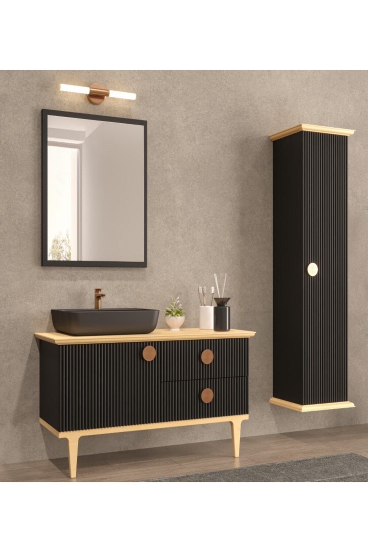 Linra Mobilya Lnr-024 Trend 115 Cm Lavabolu Takım Gürgen/siyah Banyo Dolabı