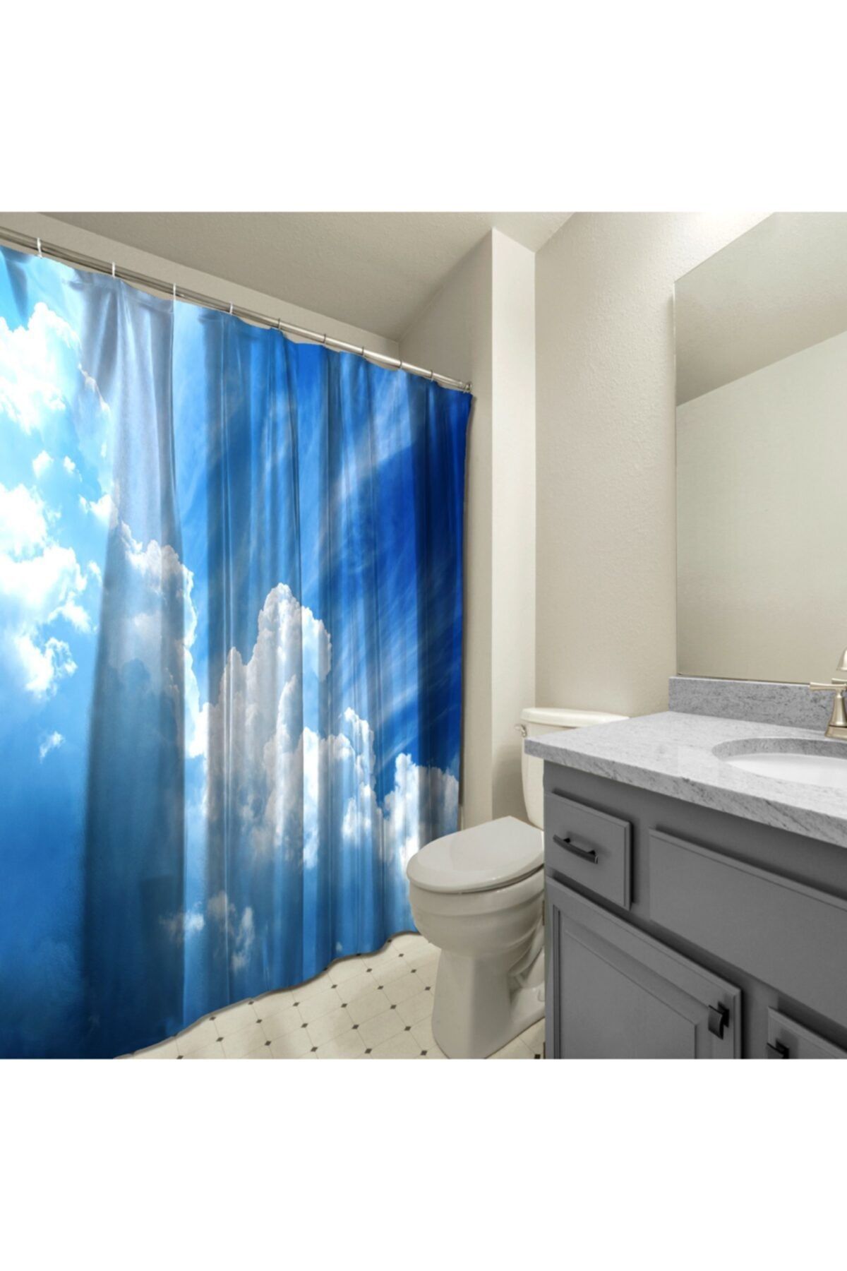 AssosHome Banyo Duş Perdesi Tasarım Dekor Masmavi Gökyüzü Ile Bulutsu Dijital Baskılı En 175 Cm