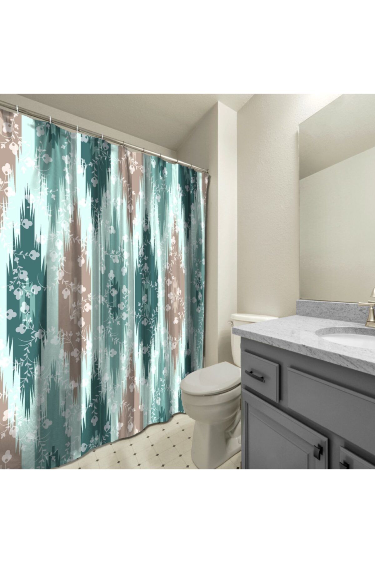 AssosHome Banyo Duş Perdesi Tasarım Dekor Ikat Geometrik Çıtır Çiçek Yeşil Dijital Baskılı En 175 Cm