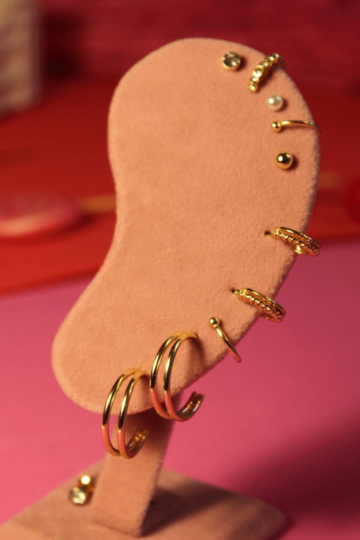 Cute Thing 11 Parça Şerit Altın Küpe Set - Kıkırdak Set - Ear Cuff