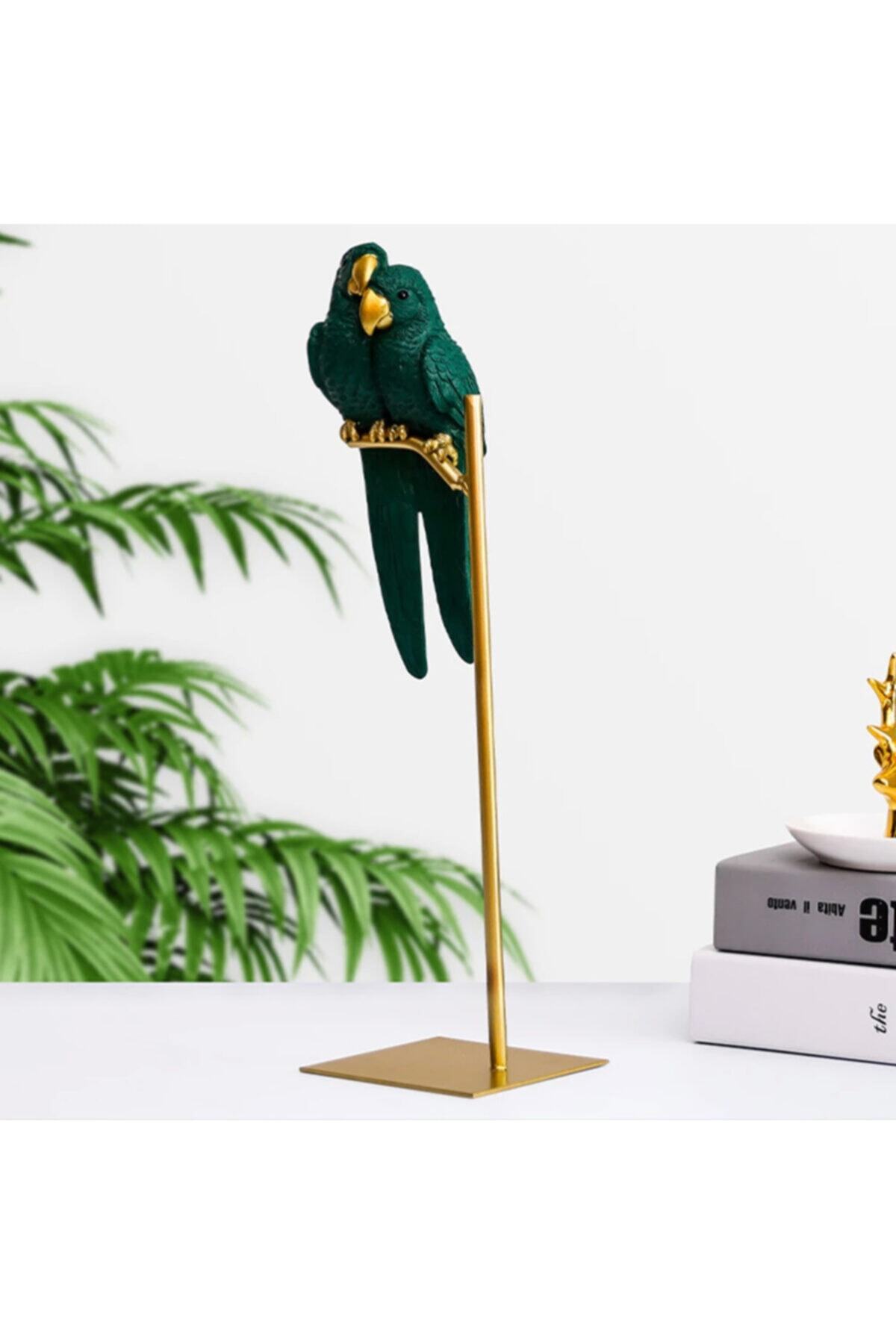 Vip Sanat Dekoratif Çift Papağan Biblo Gold Yeşil