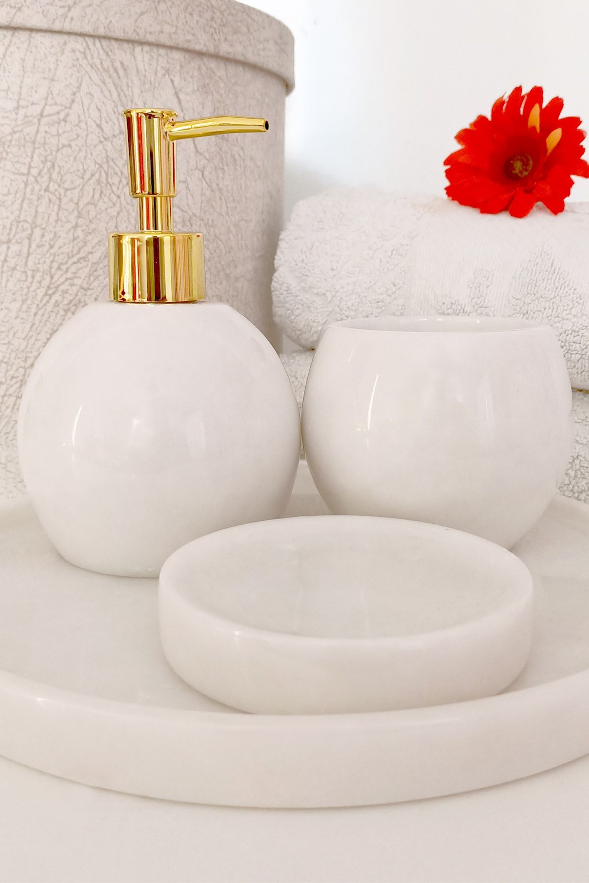 Oliv Home Gerçek Mermer Lüks Banyo Seti 4'lü Banyo Aksesuarı Takımı