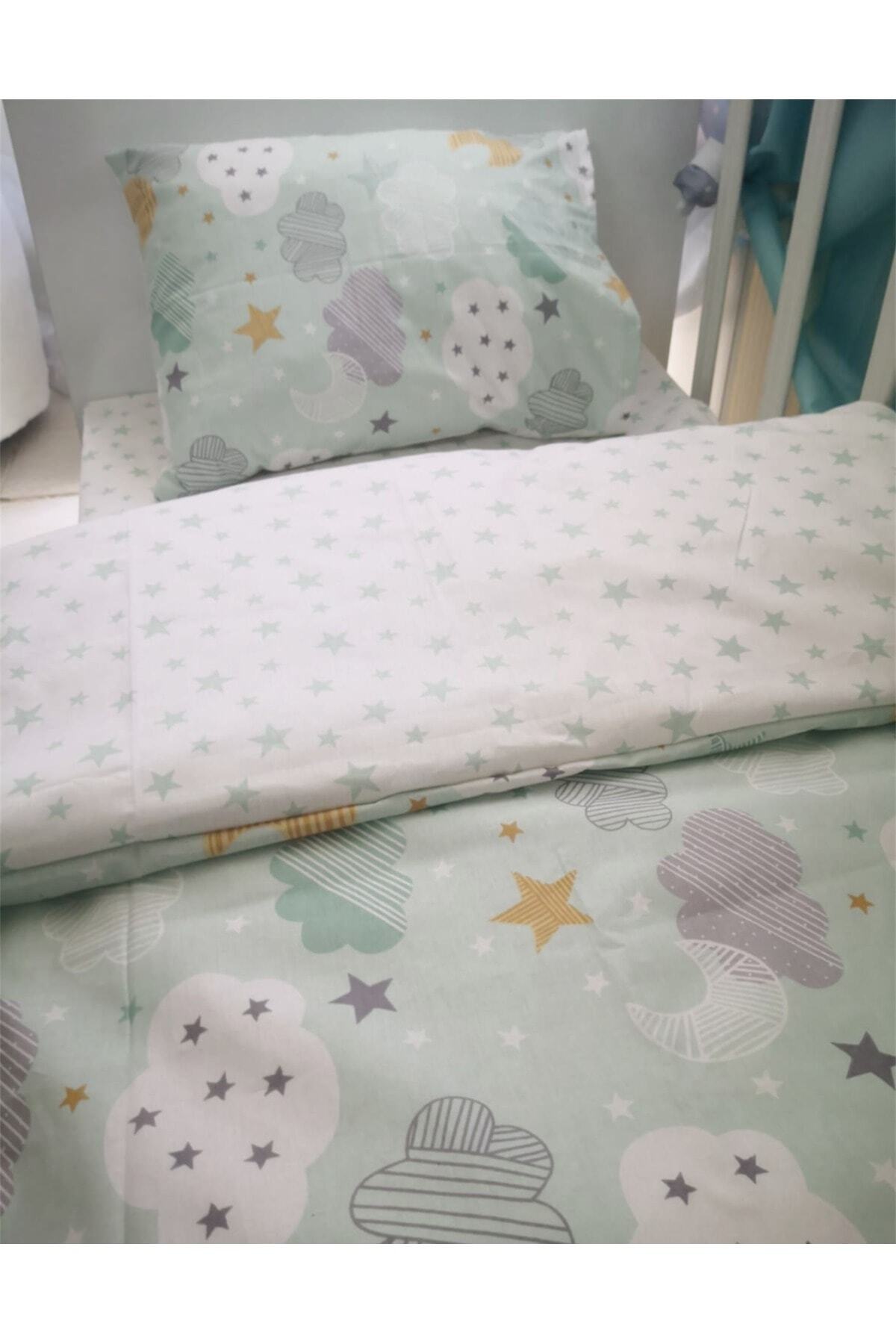 Bebek Özel Bebek Yeşil Ay Yıldızlı 70x120 Yastık Çarşaf Yorgan Seti