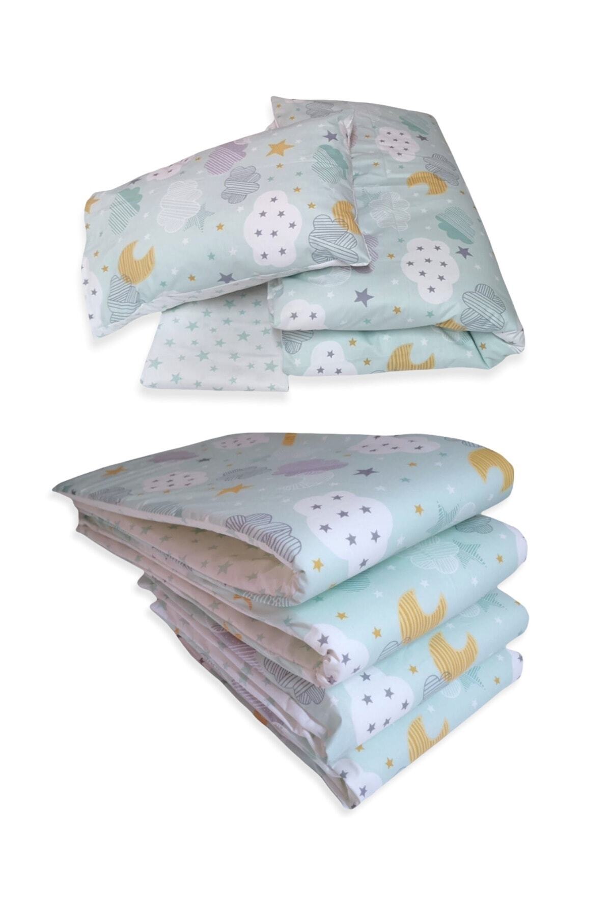 Bebek Özel %100 Pamuk 60x120 Mobilya Beşik Kenar Koruma Uyku Seti Yeşil Ay Yıldızlı (7 Parça)