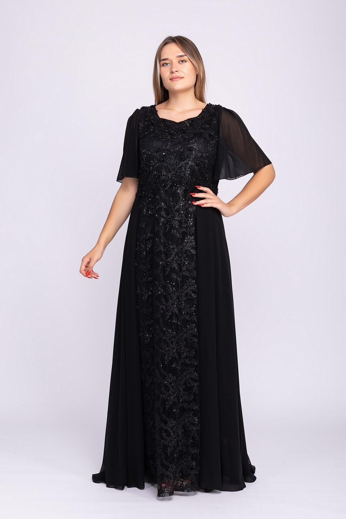 LİLAS XXL 9402 Mendilkol Dantel Tül Kuyruklu Boncuk İşleme Büyük Beden Uzun Elbise