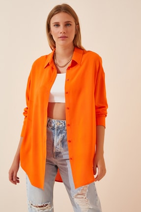 Happiness İst. Kadın Oranj Oversize Basic Viskon G&ouml;mlek DD00982
