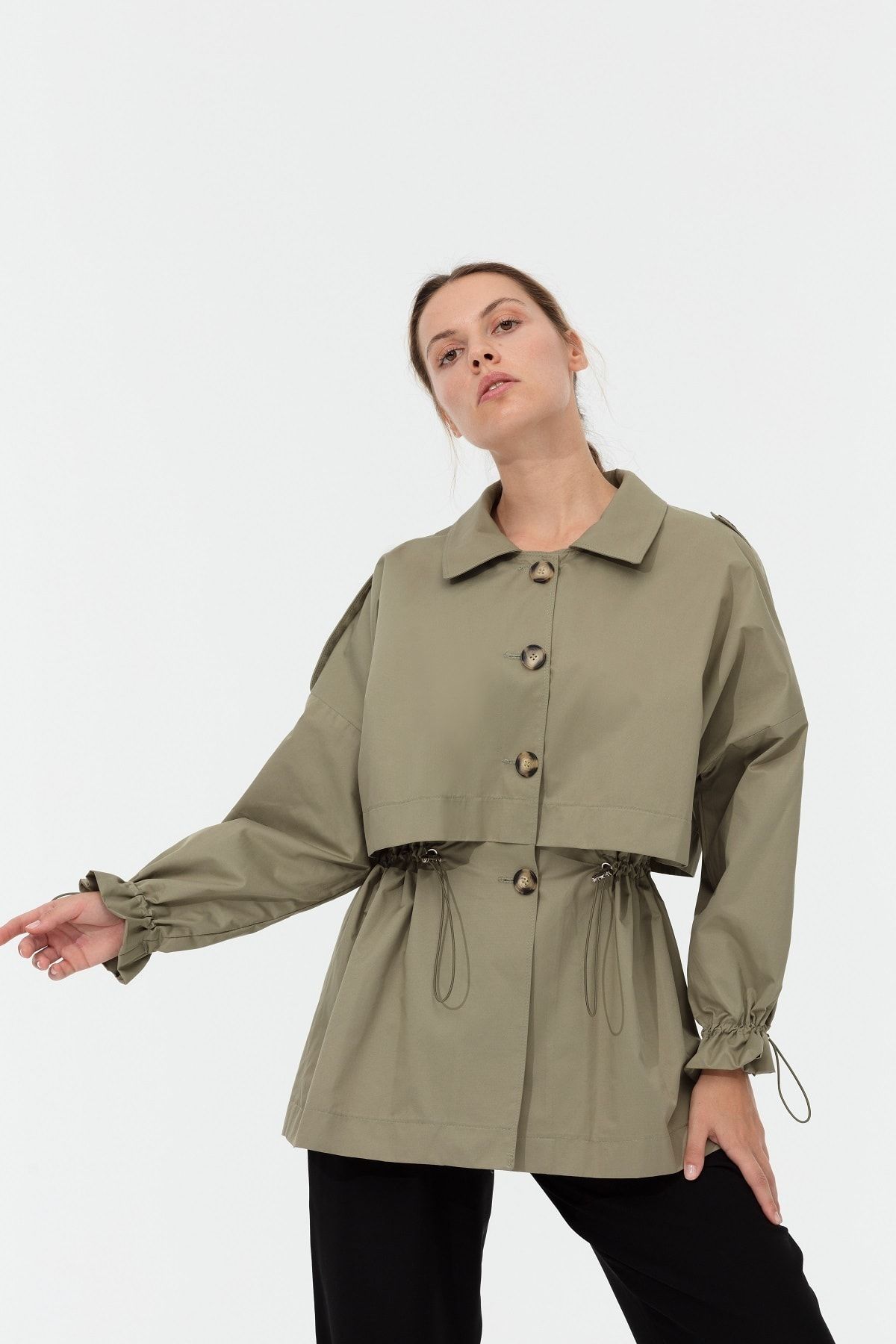 NÜHA DESİGN Bel Ve Kol Büzgülü Oversize Haki Trençkot