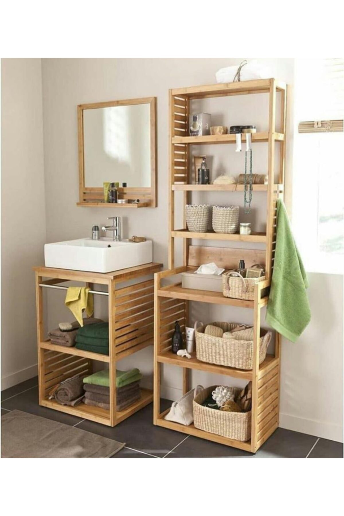 KARAKALEM Ahşap Lavabo Banyo Dolabı 3lü Set