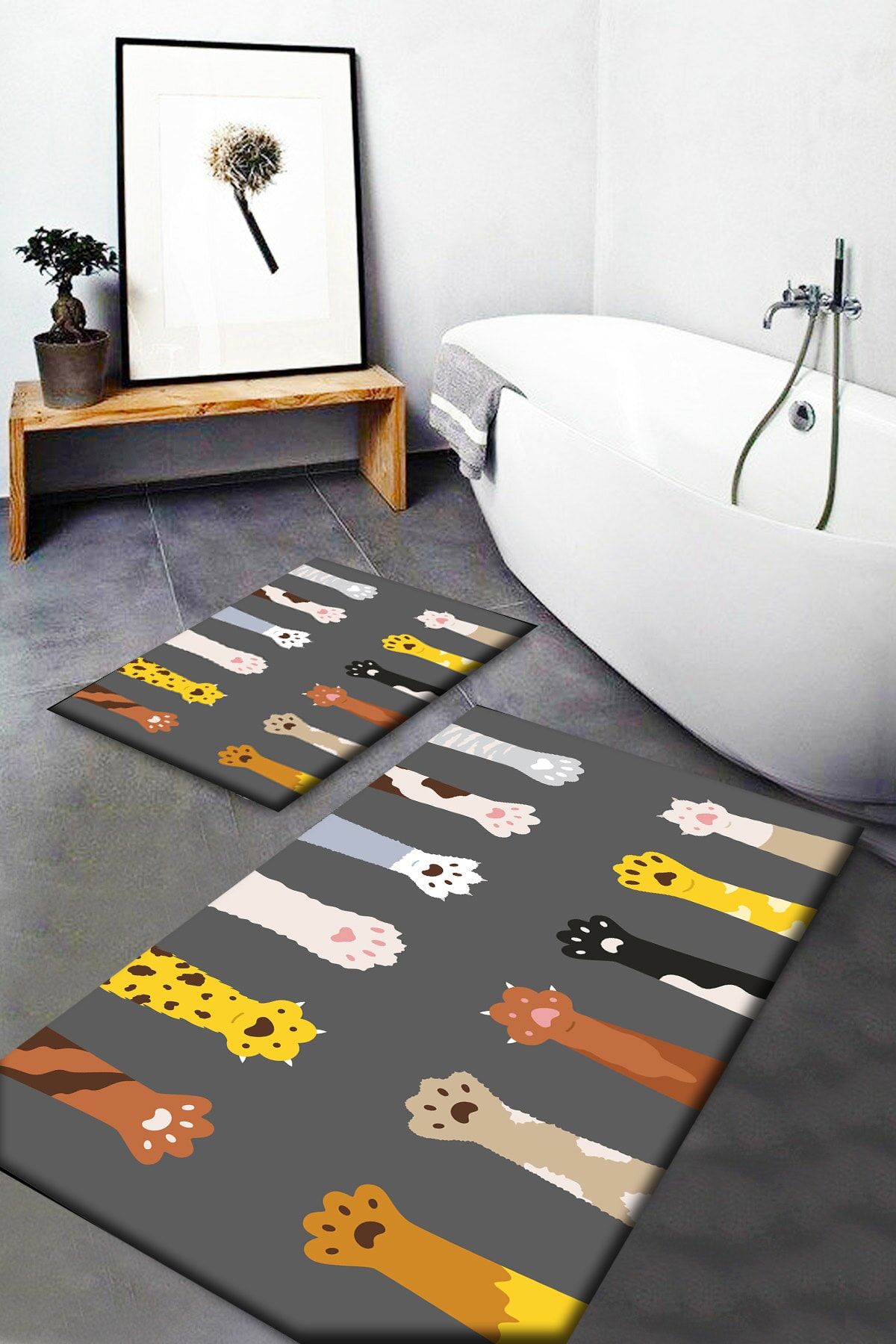Soho Halı Soho Renkli Kedi Patiler Desenli Yıkanabilir Kaymaz Taban 2li Banyo Halısı Paspas Klozet Takımı