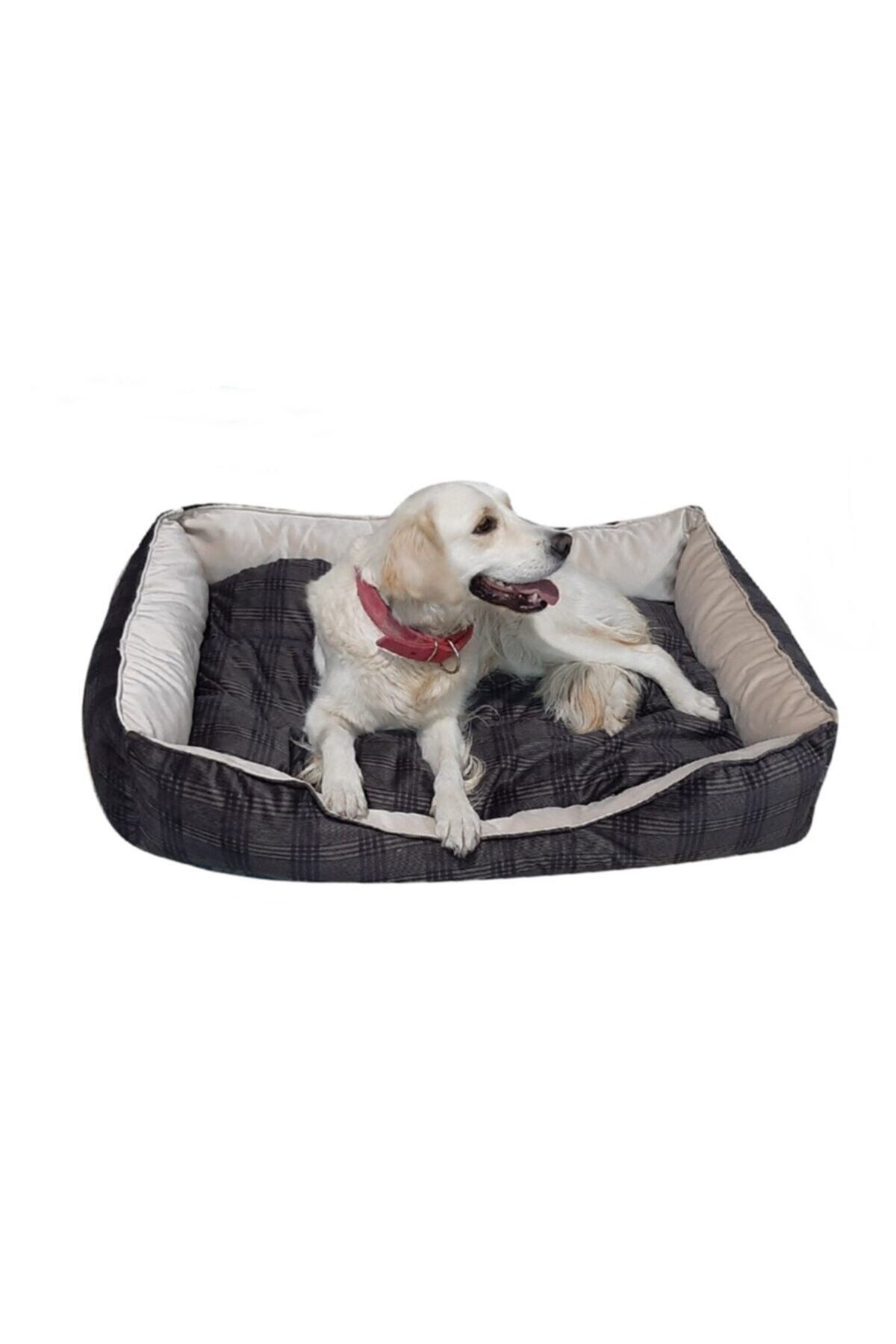 Patili Evler Kemik Yastıklı Büyük Irk Köpek Yatağı 75x110 Cm Ekose Lacivert Krem Kombini