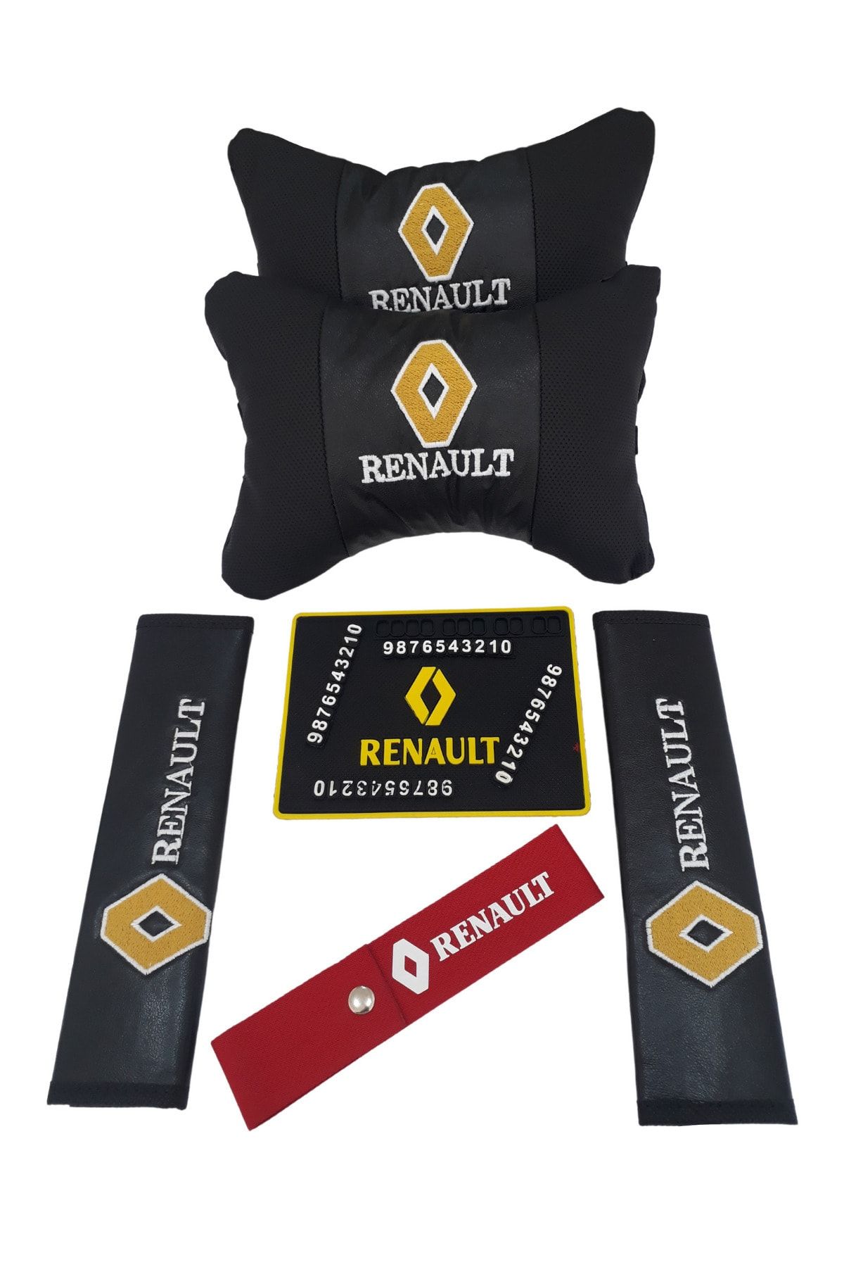 Renault 2'li Ortopedik & Nakışlı Lüks Araç Seyahat Deri Boyun Yastığı / Kemer Pedi / Oto Aksesuar