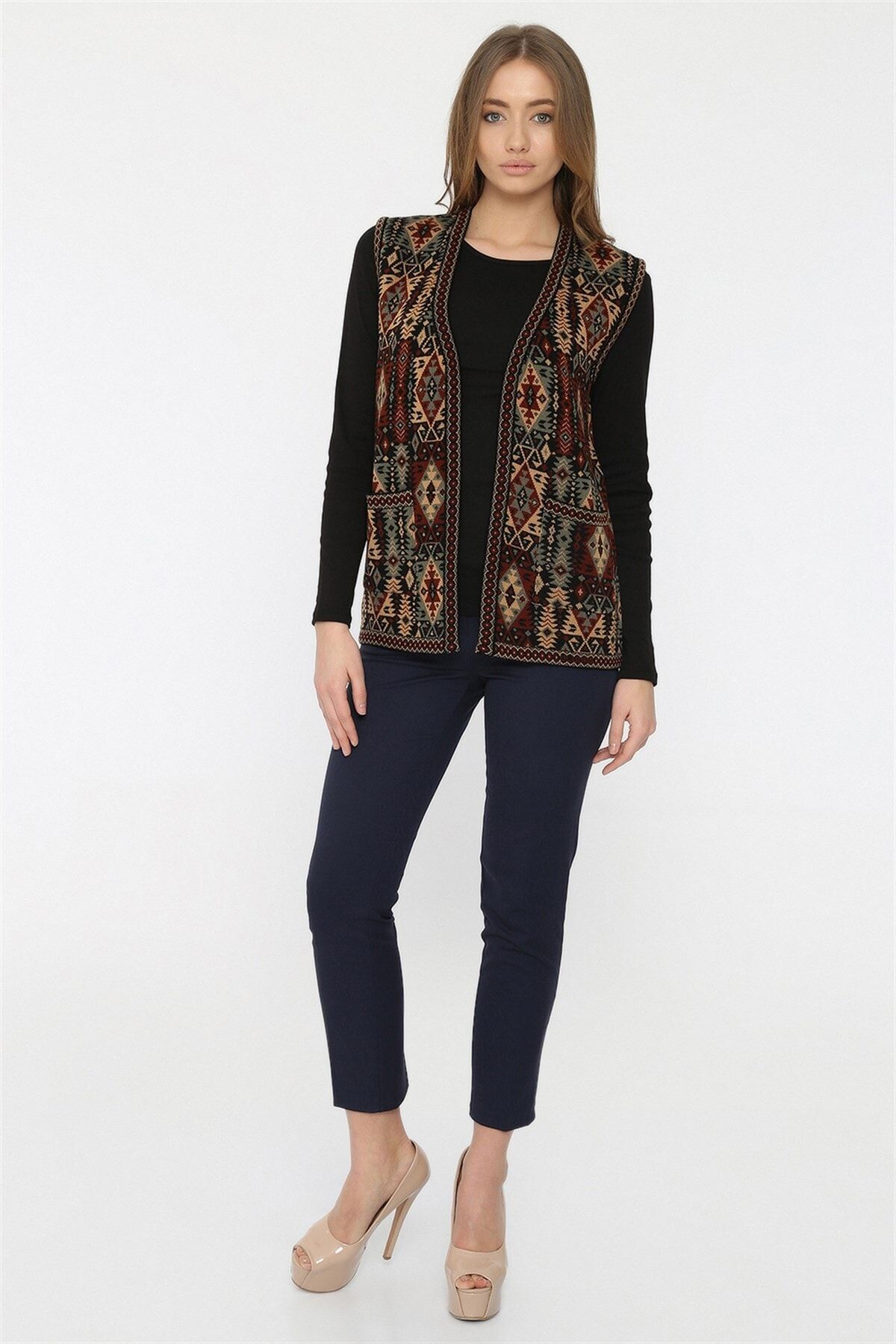 Uludağ Triko Kilim Desen Yelek / Gümüş