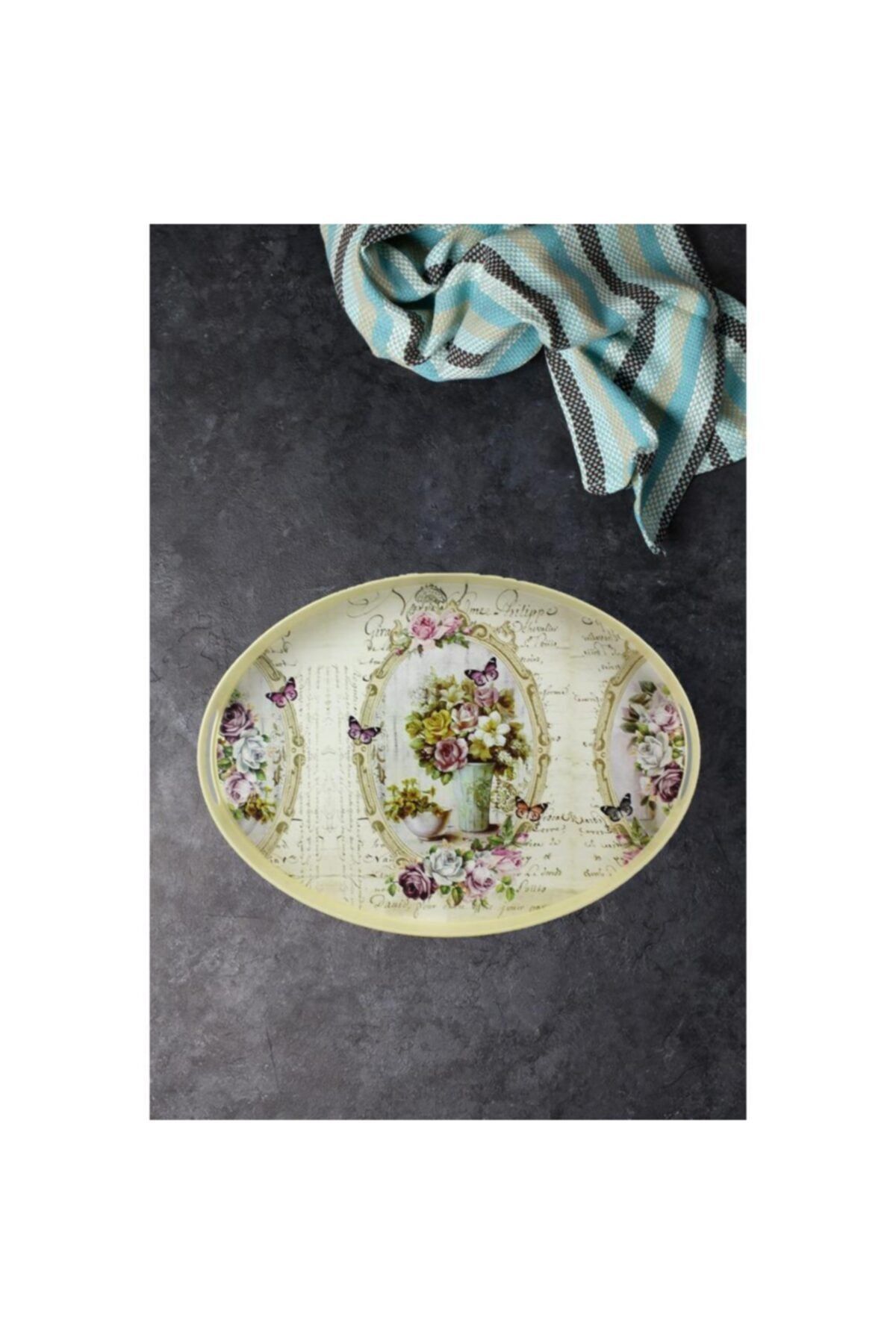 ZucciHome Otantik Aynalı Çiçekli Kelebekli Tepsi 30 x 43 cm