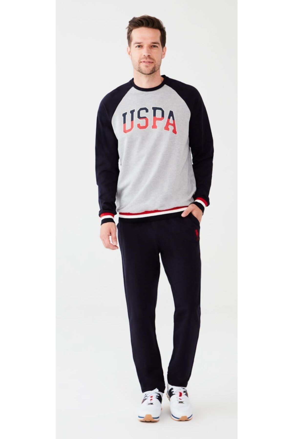 U.S. Polo Assn. U.s Polo Assn 18484 Erkek Yuvarlak Yaka Uzun Kollu Pijama Takımı - Gri Melanj