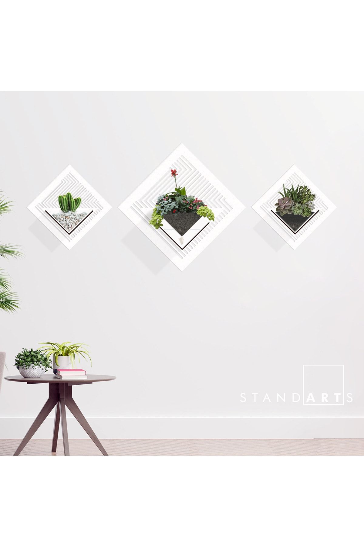 standarts Duvar Askılı Ahşap Dekoratif 3'lü Saksı Seti
