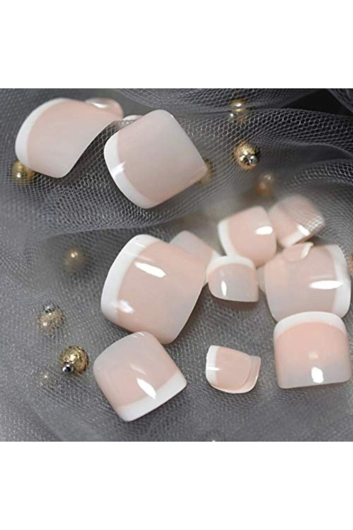 EDA LUXURY BEAUTY Natürel Pembe Beyaz French Ayak Takma Tırnak Lüks Parlak Doğal Pedikür Yapıştırıcı Set