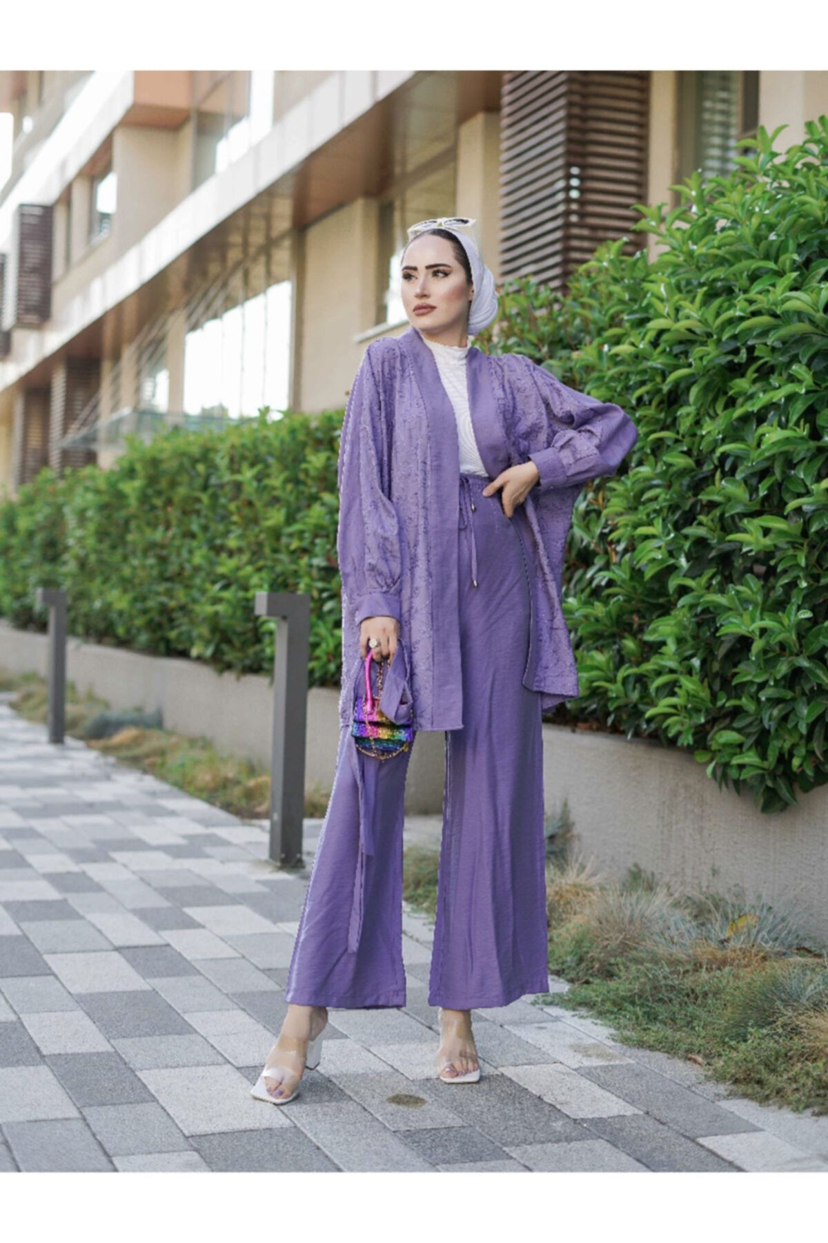 Papatya Giyim İzmit Kadın Lila Pamuk Kumaş Kendinden Işlemeli Kimono Pantolon Takım
