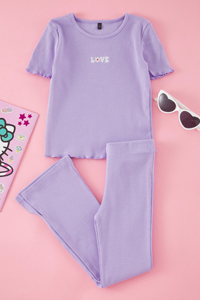 Lila Pamuklu Nakışlı Fitili Tshirt ve Flare/İspanyol Paça Taytlı Örme Alt-Üst Takım TKDSS25AU00021 Image 0