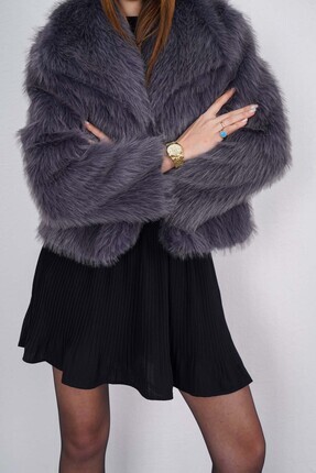 İçi Astarlı Antrasit Renk Premium Kürk Image 3