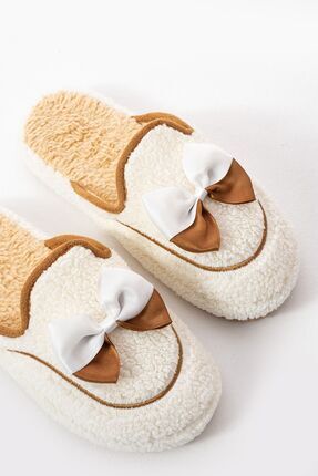 Beyaz Papyonlu Kışlık Kadın Terlik Image 5