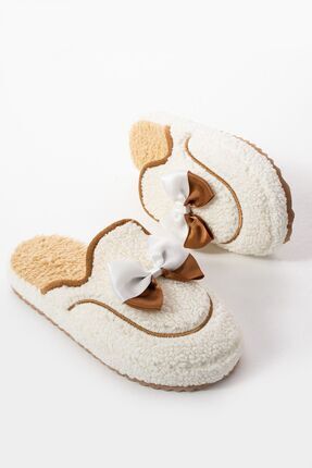 Beyaz Papyonlu Kışlık Kadın Terlik Image 6