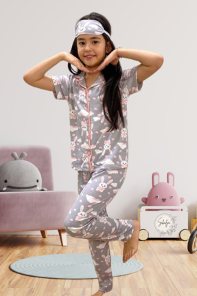 Kız Çocuk Gömlek Yaka Düğmeli  Tavşan Desenli Kısa Kollu Pijama Takımı Image 0