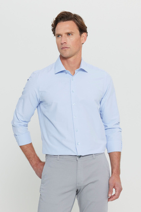 Erkek Açık Mavi Ütülemesi Kolay Non-Iron Slim Fit Dar Kesim Klasik Yaka Pamuklu Gömlek Image 0