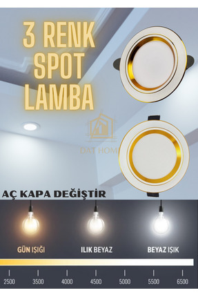 3 Renk Yanan Spot, Gold Kasa, Kaliteli Uzun Ömürlü Spot Lamba Tak Çalıştır(DELİK ÇAPI 5,5CM) Image 0