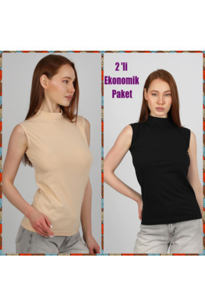 Kadın Balıkçı Yaka Body Esnek Sıfır Kol Likralı 2' li ekonomik paket Image 0
