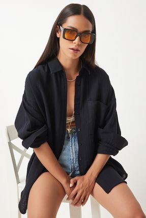 پیراهن ساده اورسایز ماسلین مشکی LMX0002