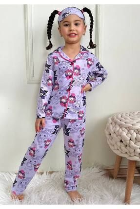Kız çocuk mor Kuromi düğmeli pamuklu pijama takımı göz bandı dahil Image 0